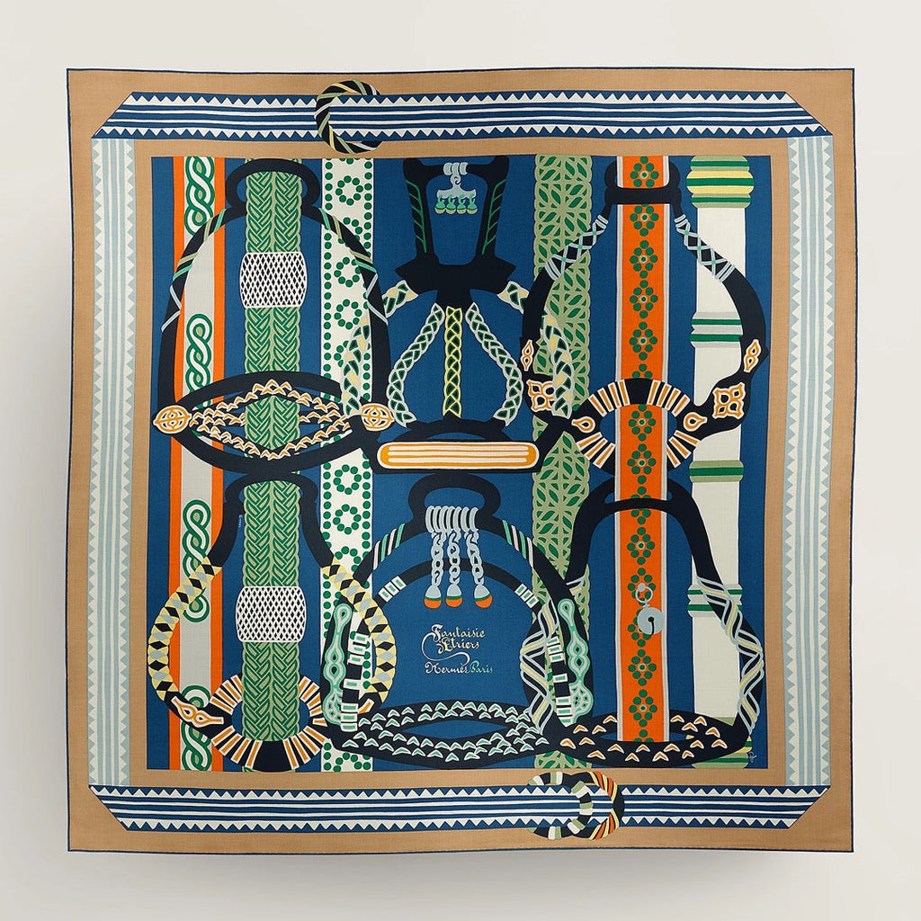 Fantaisie d'Etriers Shawl 140 CM Green Mix Blue Colorful Silk