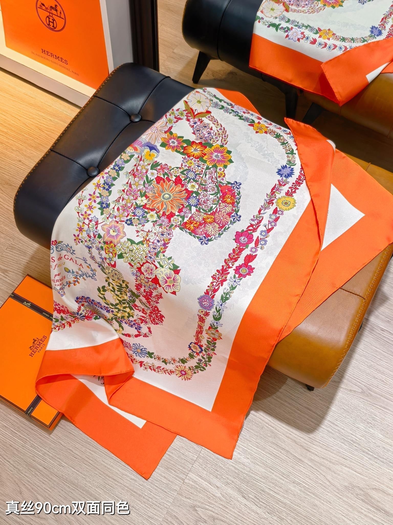 HM 26s 90 Double Sided Scarf White Orange Colorful Mulberry Silk 145756