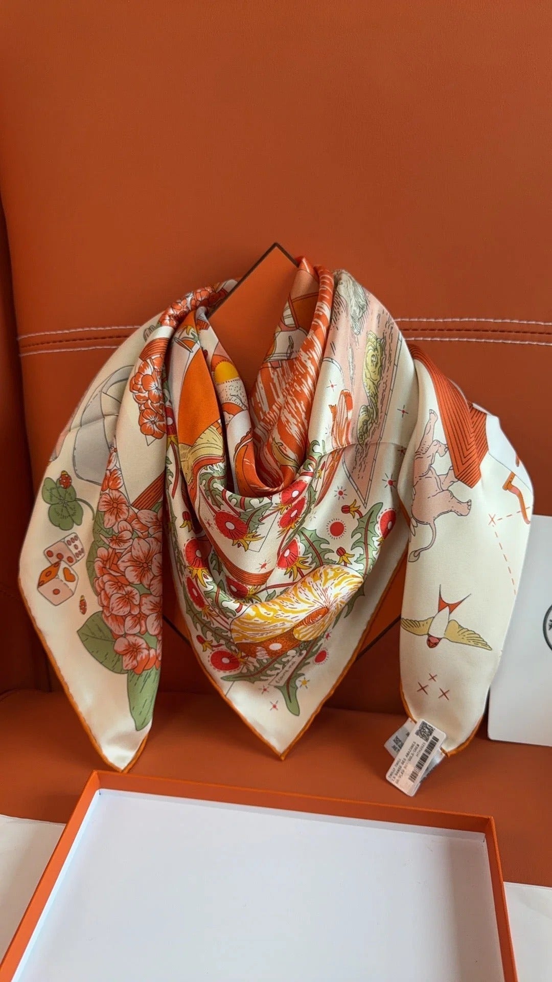 HM 26s 90 Scarf Orange White Colorful Mulberry Silk 153382