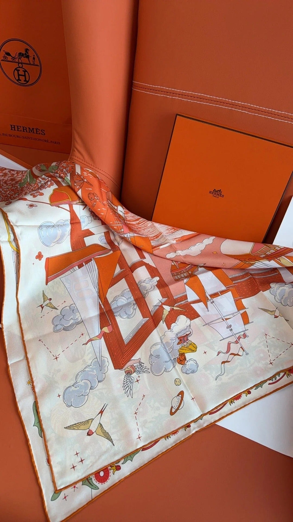 HM 26s 90 Scarf Orange White Colorful Mulberry Silk 153382