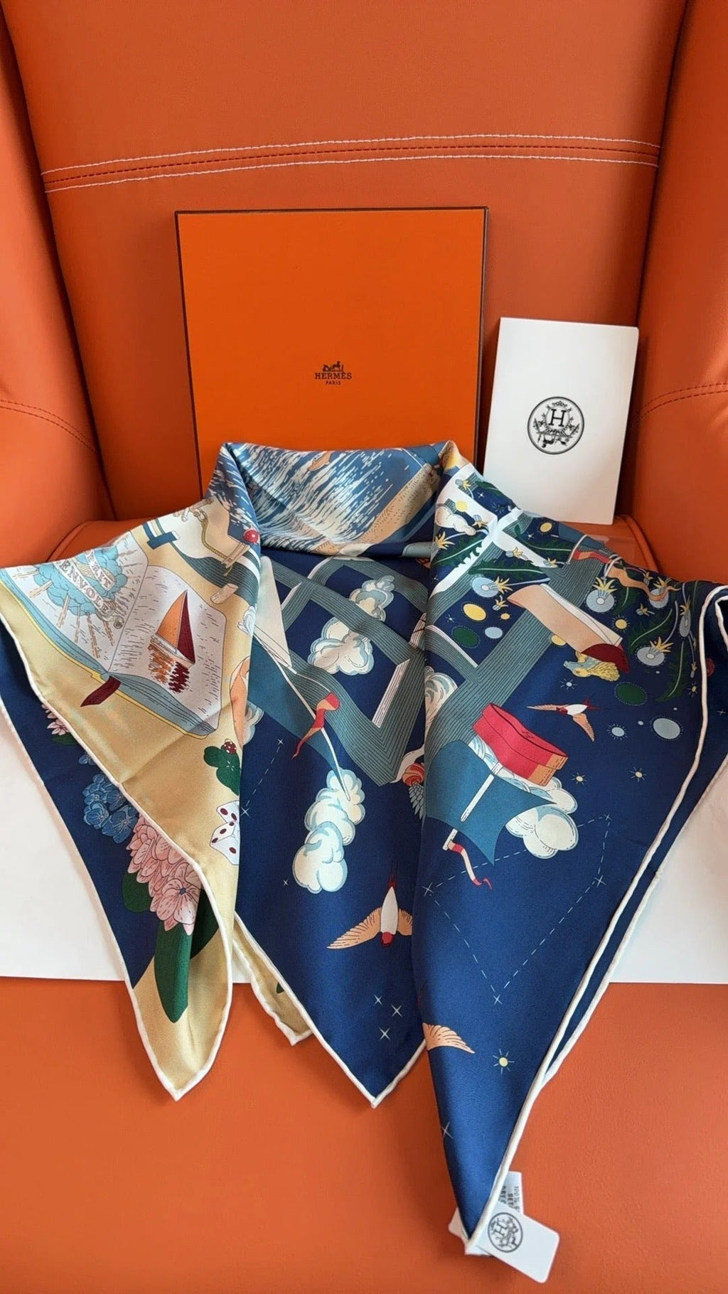 HM 26s 90 Scarf Navy Blue Colorful Mulberry Silk 153394